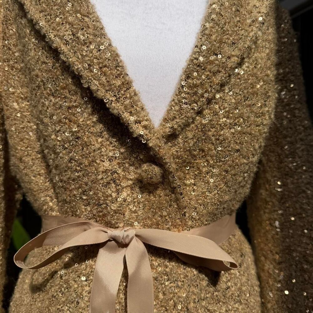 Vintage 90s Robbi & Nikki Women's Sparkling Gold Sequin Belted Jacket Large - Picture 5 of 8
